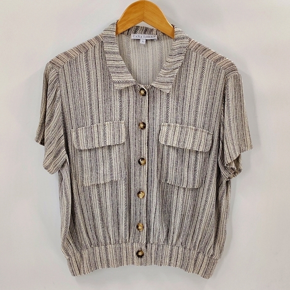 Cara Loren Tops - Cara Loren Women's Button Up Striped Blouse Large Cream Black Crop Top
